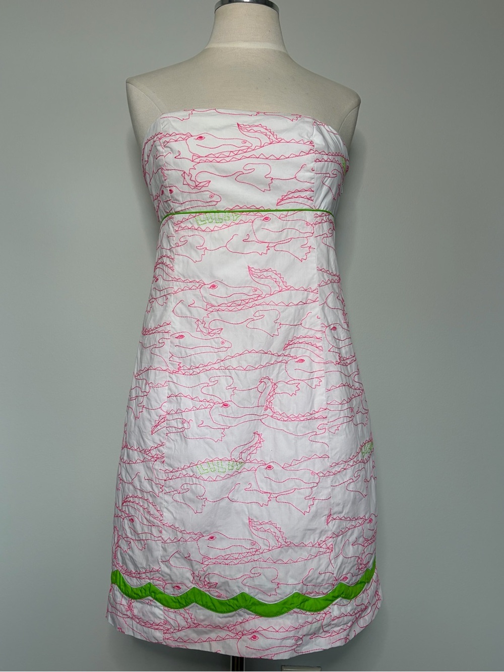 Lilly Pulitzer Franco Alligator Growl Embroidered Strapless Dress, size 6